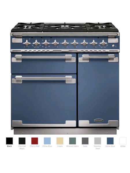 Elise 90 dual fuel range cooker with brushed nickel trim