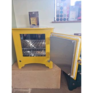Everhot electric stove with oven open in Mustard Yellow