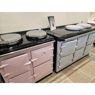 Pink enamel Oil fired Compact 840mm Heritage central heating range cooker and a Pearl Electric Grande Heritage Range Cookers