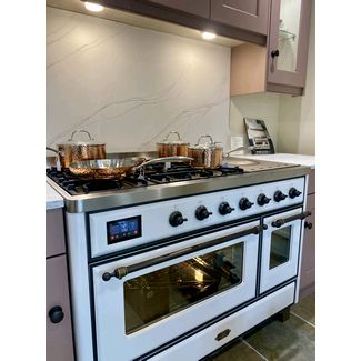 ILVE Majestic 120cm in white with bronze trim and knobs - dual fuel